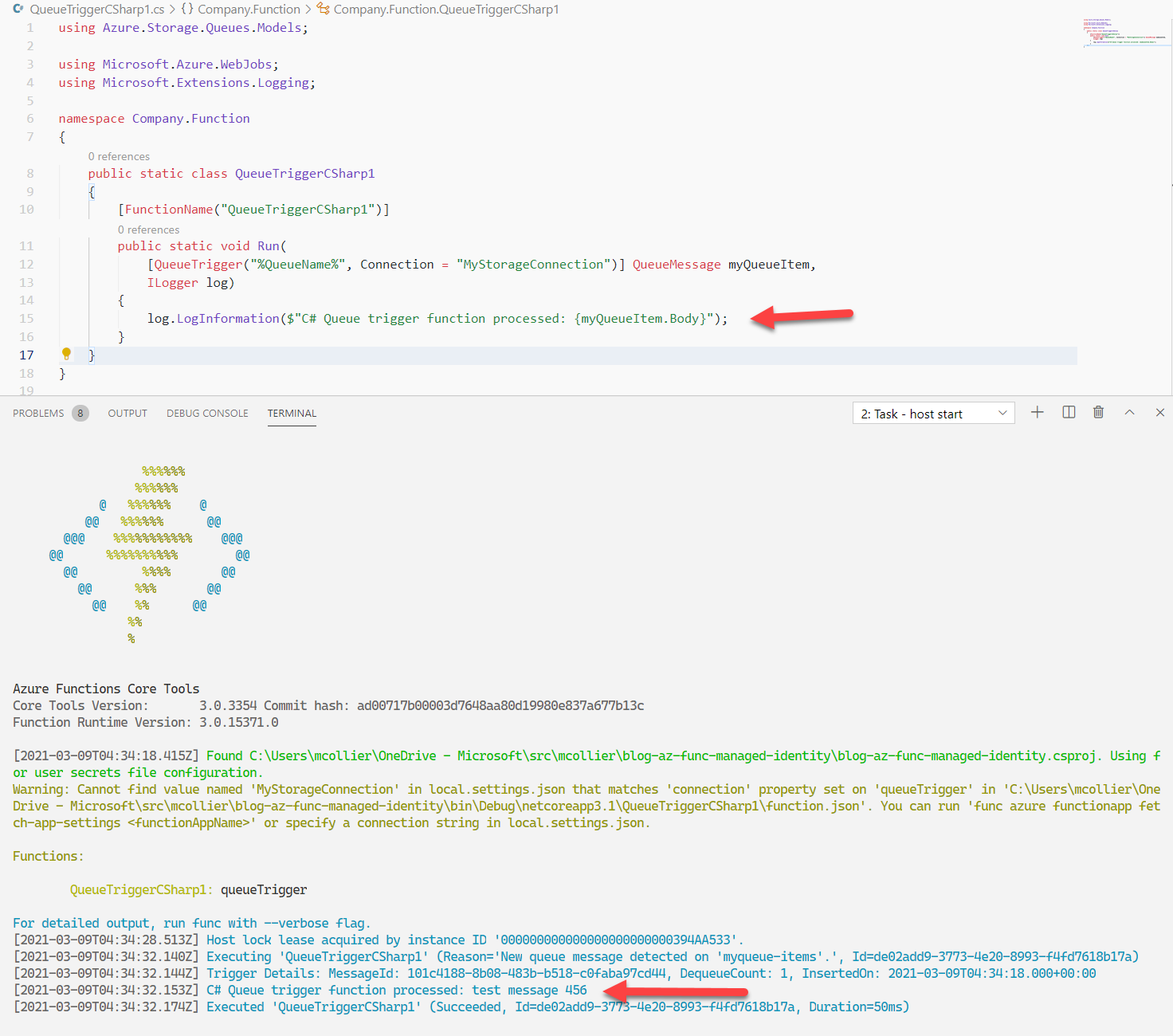 Local function processing messages from Azure Storage queue