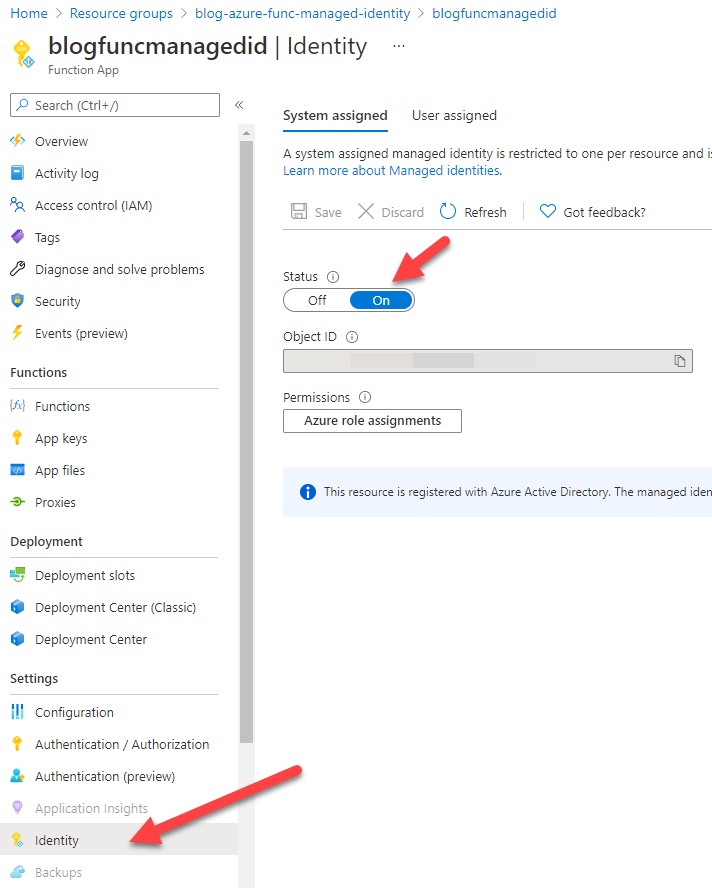 Azure Portal - enable managed identity