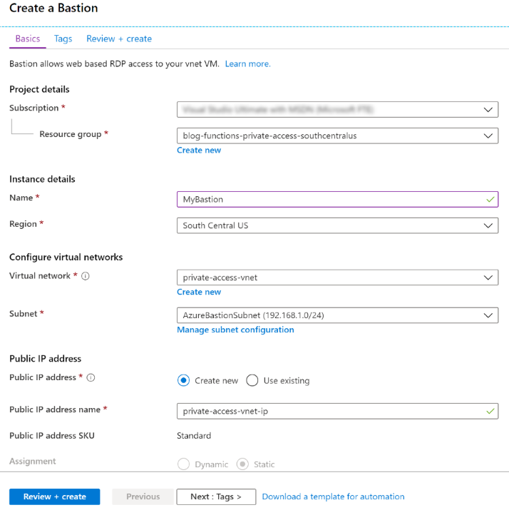 Create Azure Bastion service