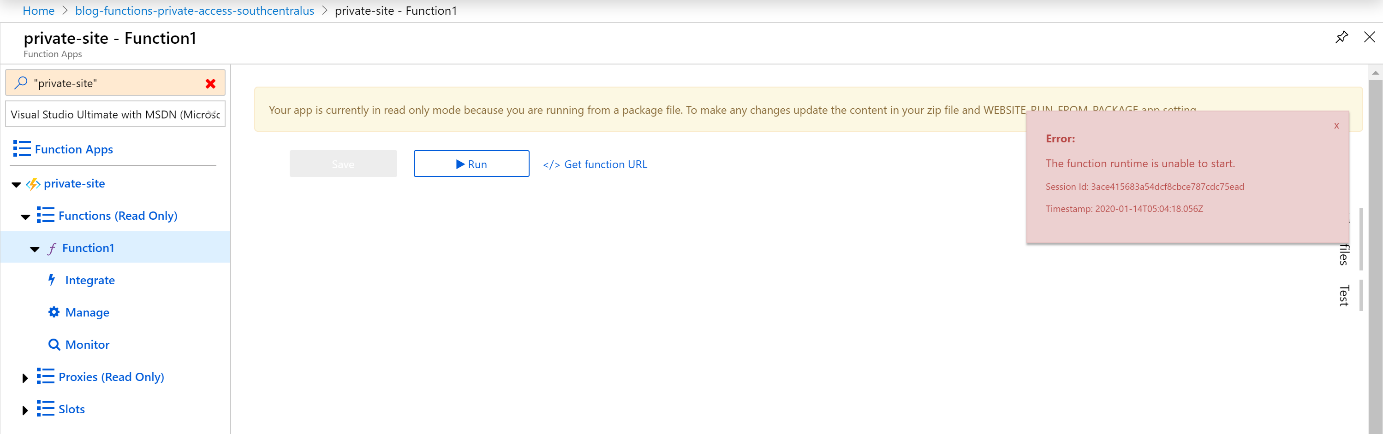 Function app unable to start