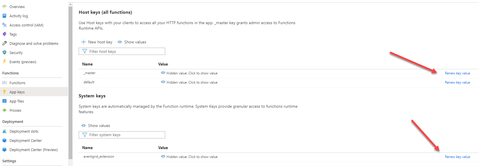 Azure portal to generate new function keys