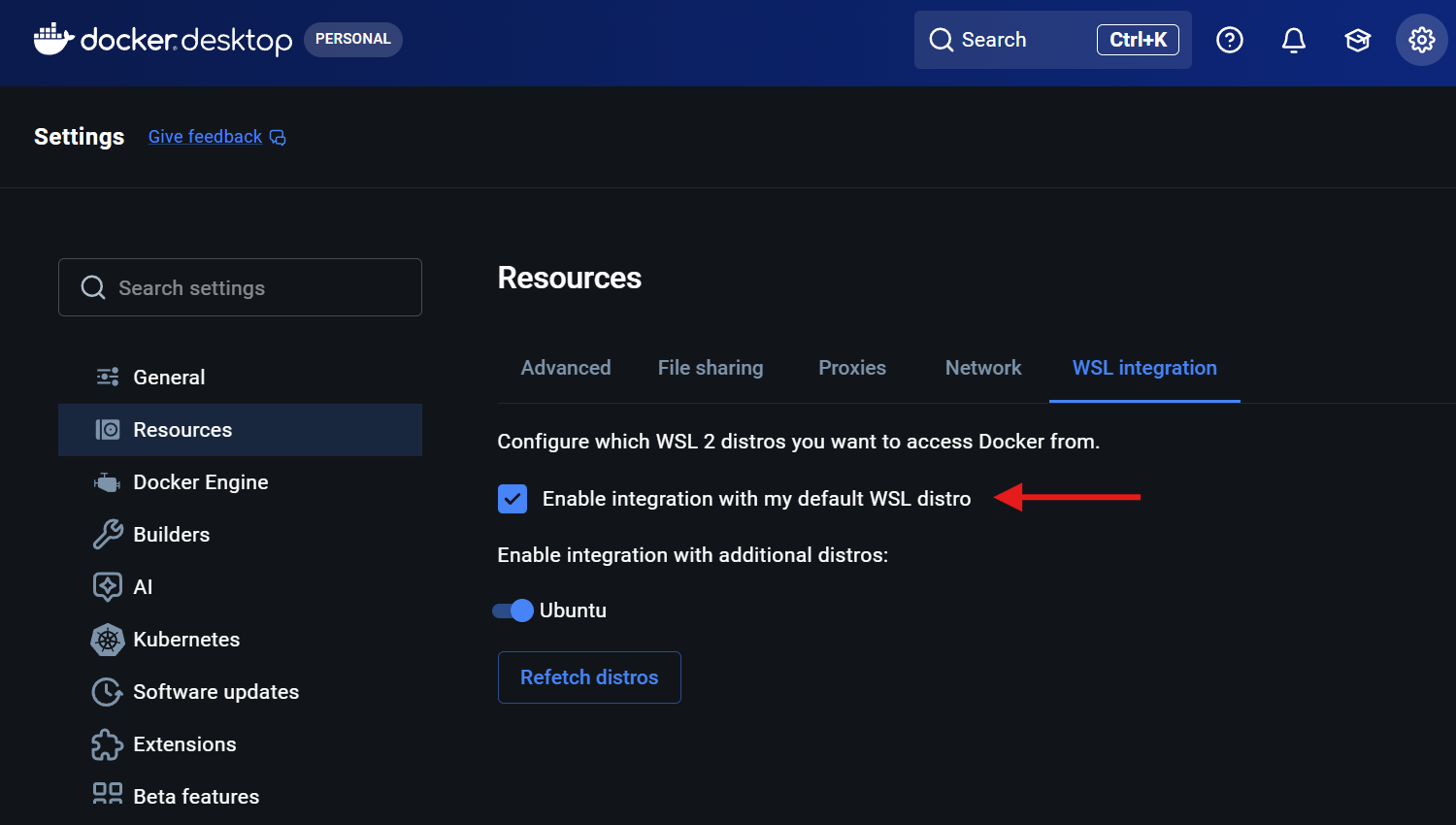 Docker Desktop WSL integration option checked