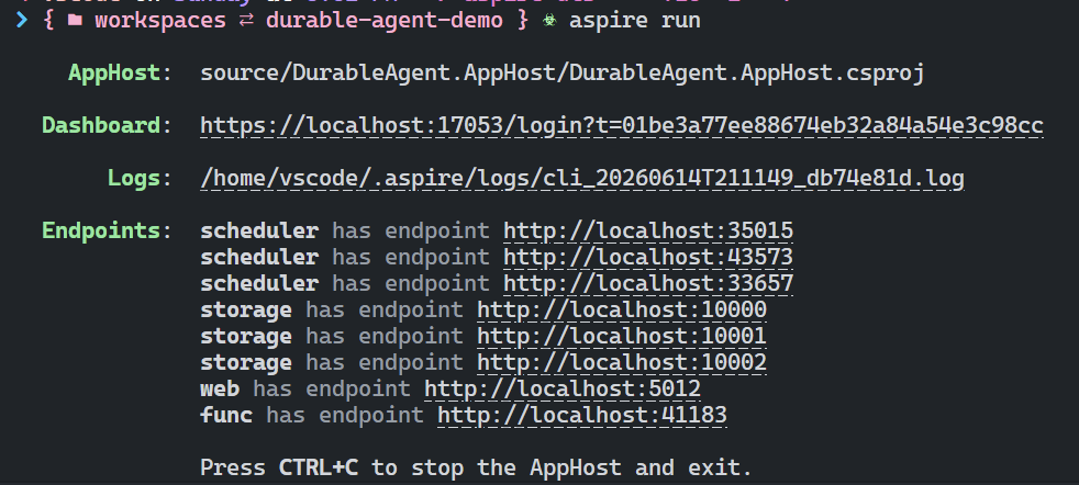 Aspire run command output
