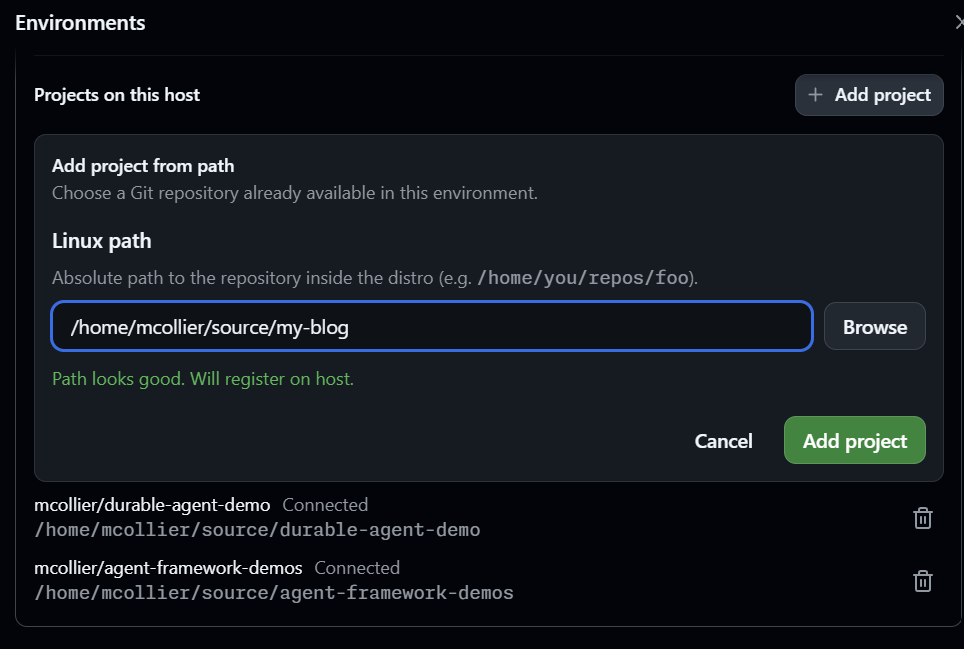 Adding projects from the WSL host in the GitHub Copilot App