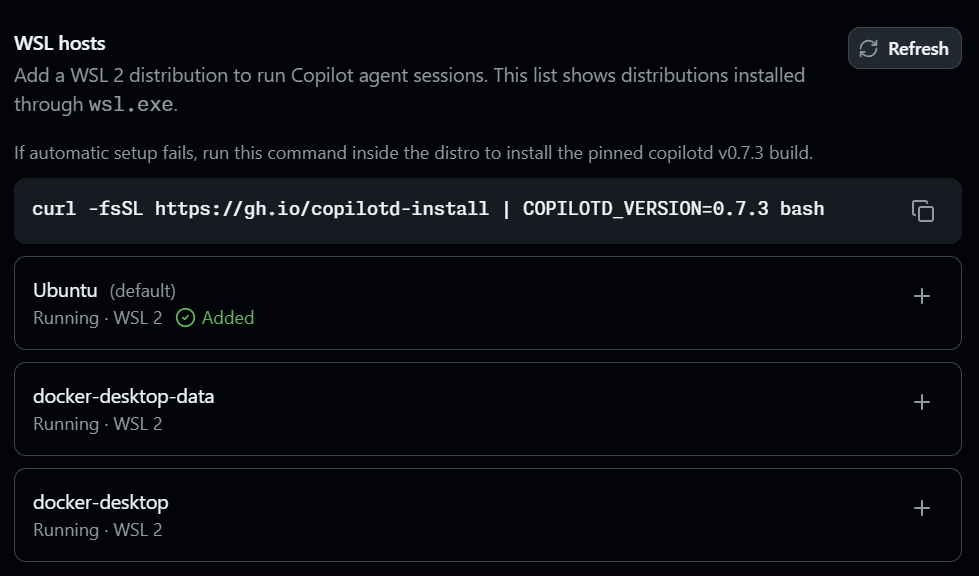 Selecting a WSL host in the GitHub Copilot App