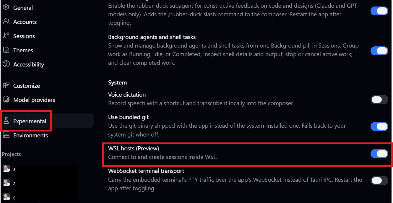 Enable WSL host preview in GitHub Copilot experimental settings