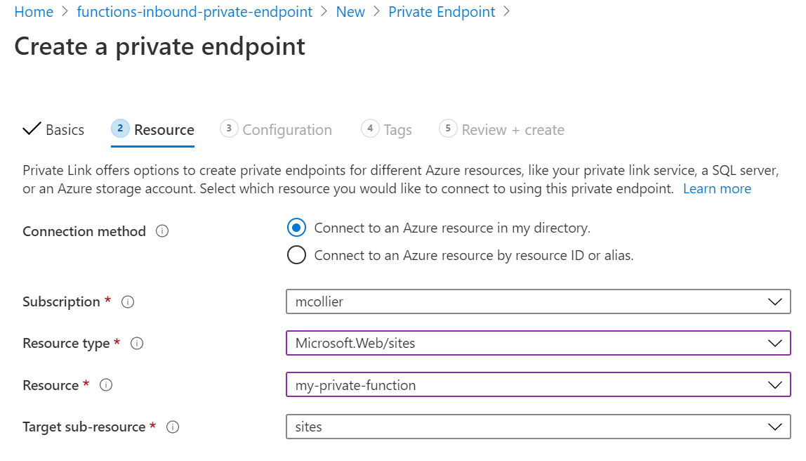 Select the Azure resource for which to create the private endpoint
