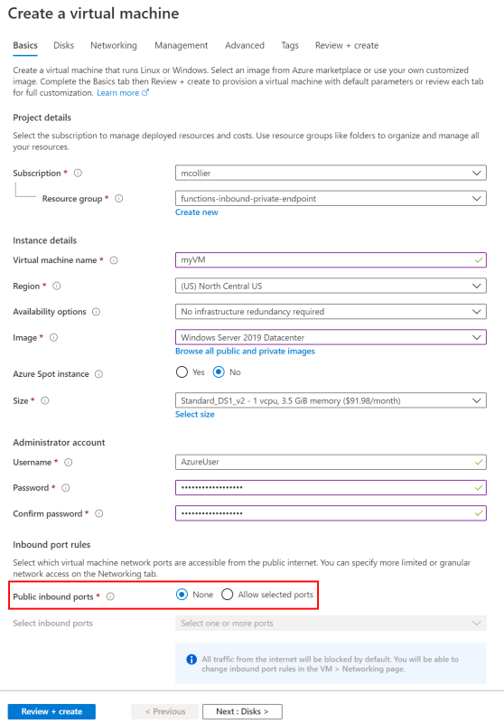 No public inbound ports on the VM