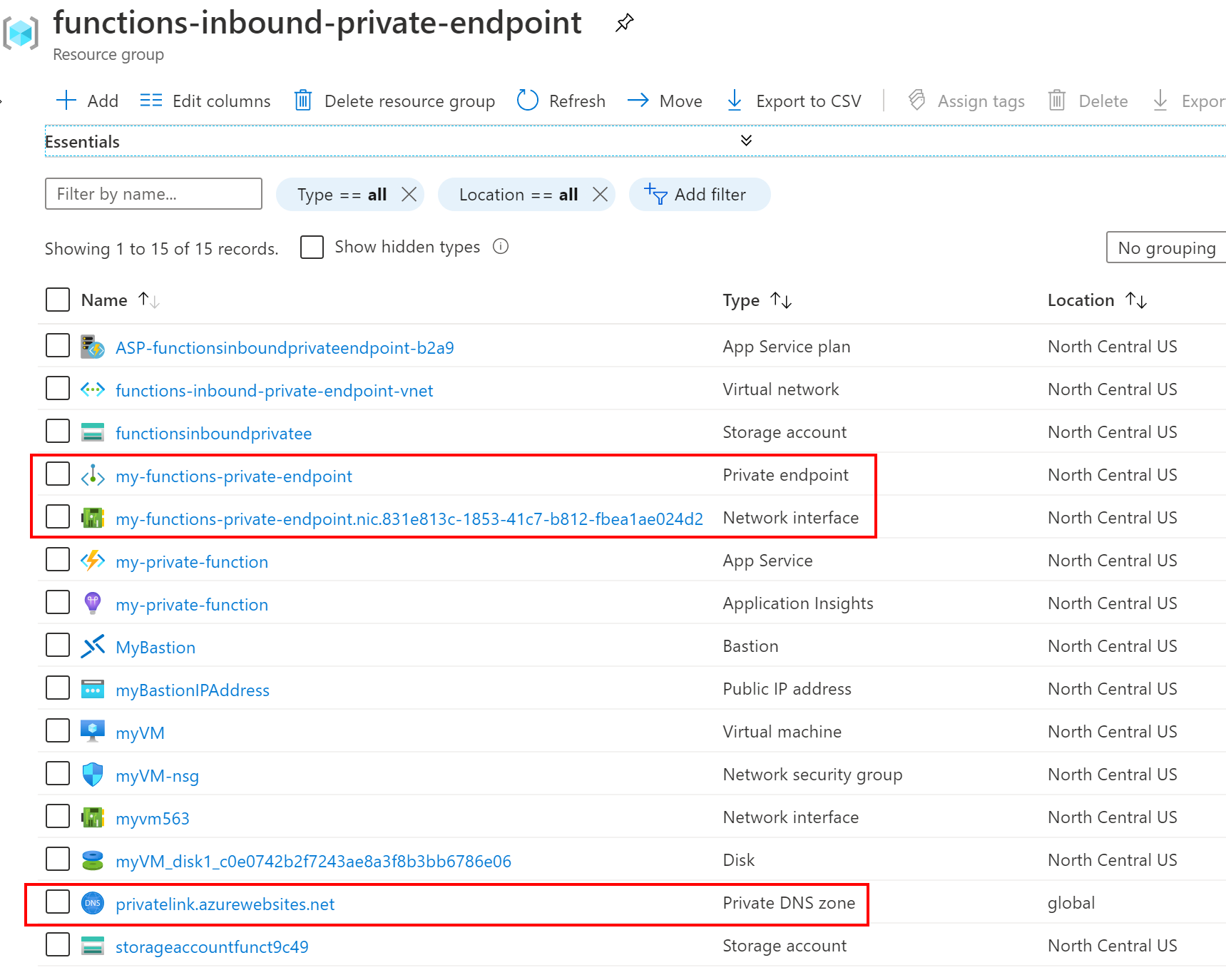 Resource group with private endpoint