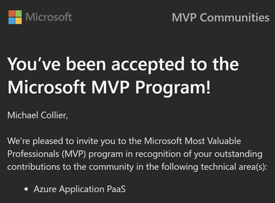 MVP Award email screenshot